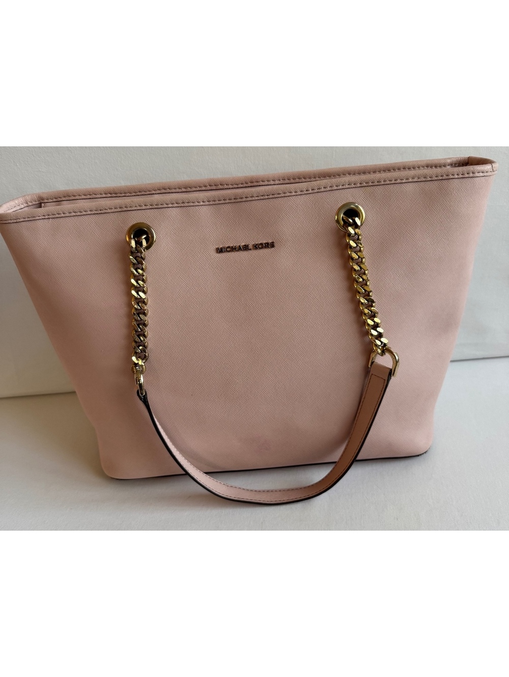 Michael Kors Blush Pink Saffiano Leather Chain Handle Tote Shoulder Bag Gold